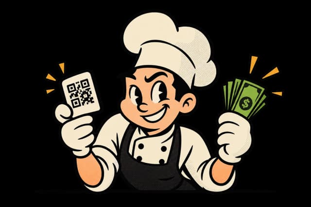 Chef sonriente sosteniendo un QR y efectivo